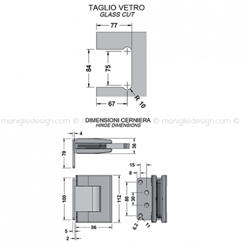 Cerniera idraulica per porta in vetro con aletta spostata apertura 0+90-90 CER431S leggera