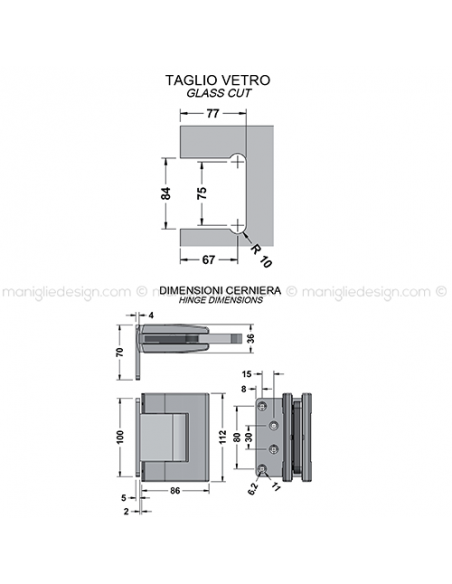 Cerniera idraulica per porta in vetro con aletta spostata apertura 0+90-90 CER431S leggera