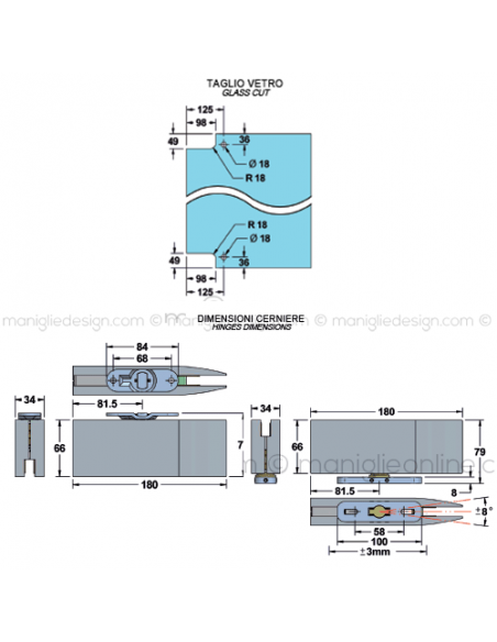 Cerniera idraulica a pavimento per porta in vetro apertura 0+90-90 CER429C