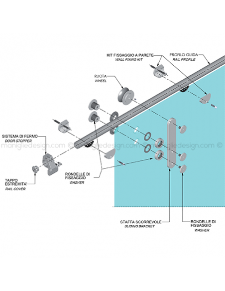 Sistema scorrevole ammortizzato per porta in vetro SCO112V1