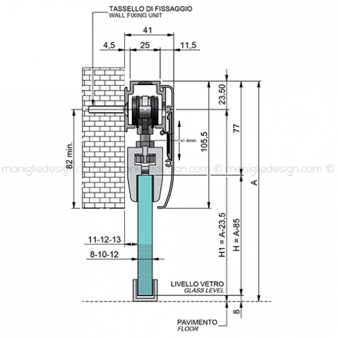 Scorrevole per porta in vetro con veletta fissaggio a parete SCO201V1P