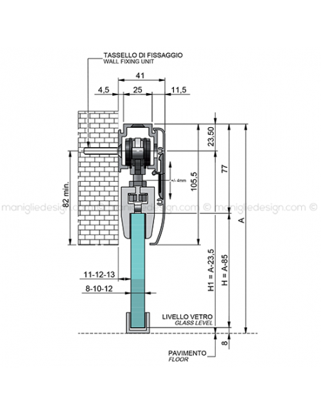 Scorrevole per porta in vetro con veletta fissaggio a parete SCO201V1P