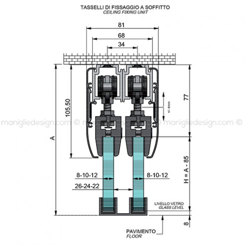 Scorrevole porta in vetro 2 ante con veletta fissaggio a soffitto SCO201V7S