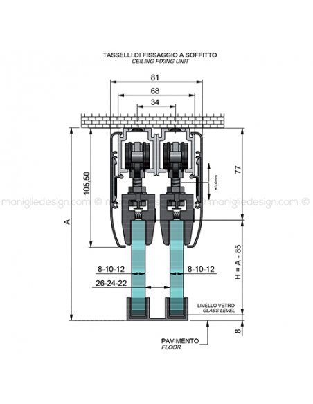 Scorrevole porta in vetro 2 ante con veletta fissaggio a soffitto SCO201V7S