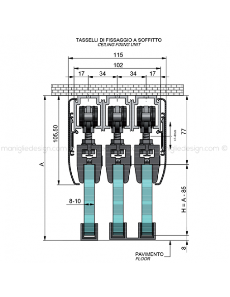 Scorrevole porta in vetro 3 ante con veletta fissaggio a soffitto SCO201V8S