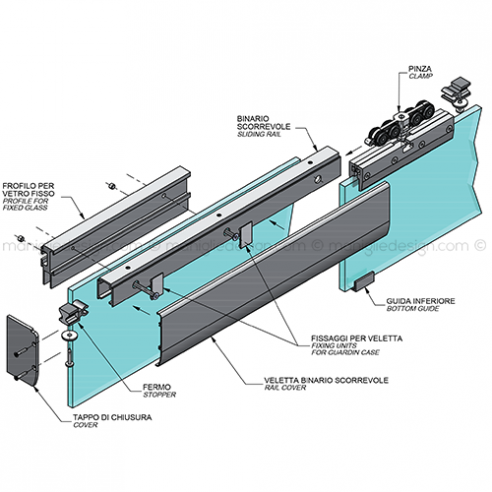 Scorrevole per vetro con veletta e vetro fisso fissaggio a parete SCO202V5P