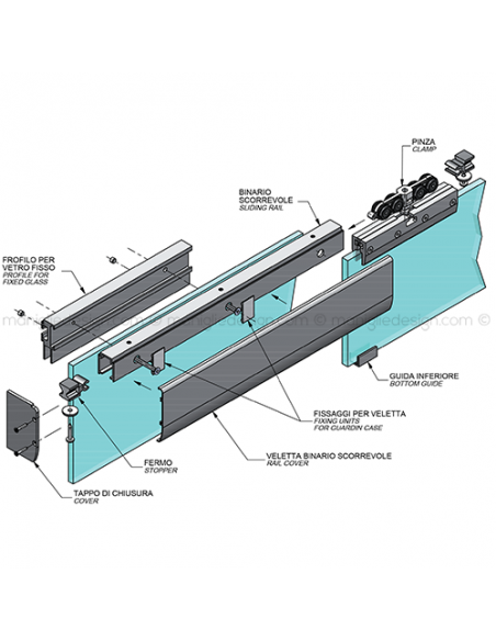 Scorrevole per vetro con veletta e vetro fisso fissaggio a parete SCO202V5P