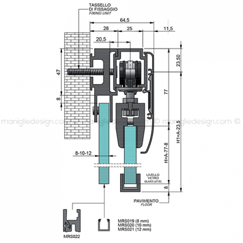 Scorrevole per vetro con veletta e vetro fisso fissaggio a parete SCO202V5P