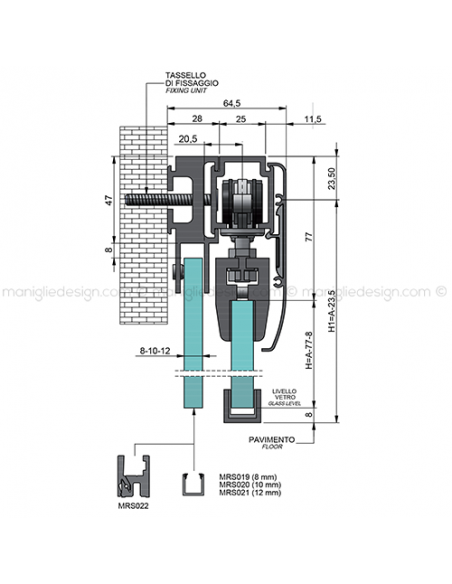 Scorrevole per vetro con veletta e vetro fisso fissaggio a parete SCO202V5P