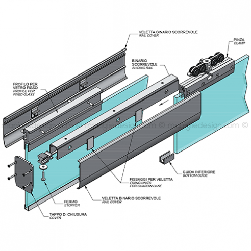 Scorrevole per vetro con veletta e vetro fisso fissaggio a soffitto SCO202V5S