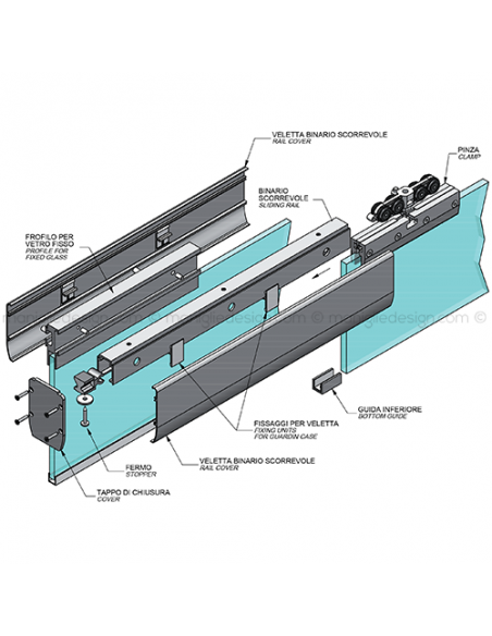 Scorrevole per vetro con veletta e vetro fisso fissaggio a soffitto SCO202V5S