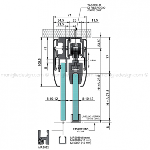 Scorrevole per vetro con veletta e vetro fisso fissaggio a soffitto SCO202V5S