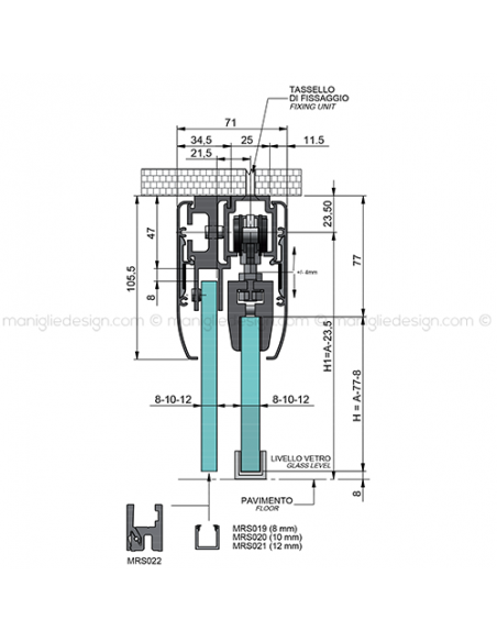 Scorrevole per vetro con veletta e vetro fisso fissaggio a soffitto SCO202V5S