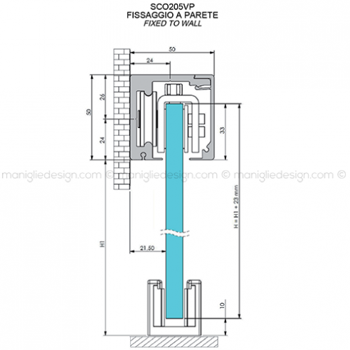 Scorrevole per vetro con veletta minimale fissaggio a parete e soffitto SCO205V1