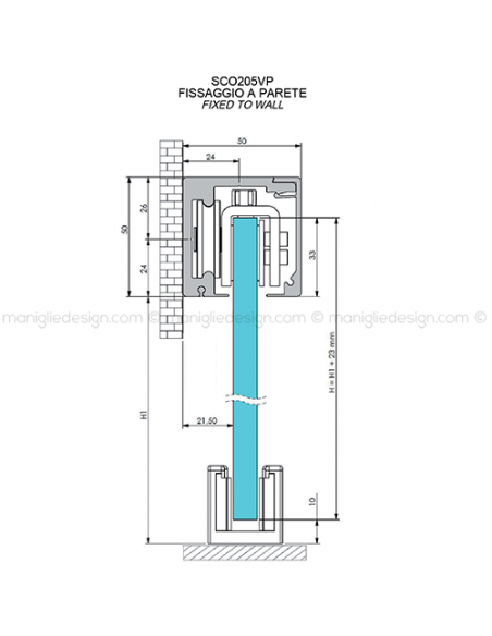 Scorrevole per vetro con veletta minimale fissaggio a parete e soffitto SCO205V1
