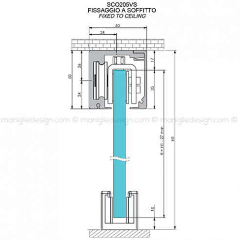 Scorrevole per vetro con veletta minimale fissaggio a parete e soffitto SCO205V1
