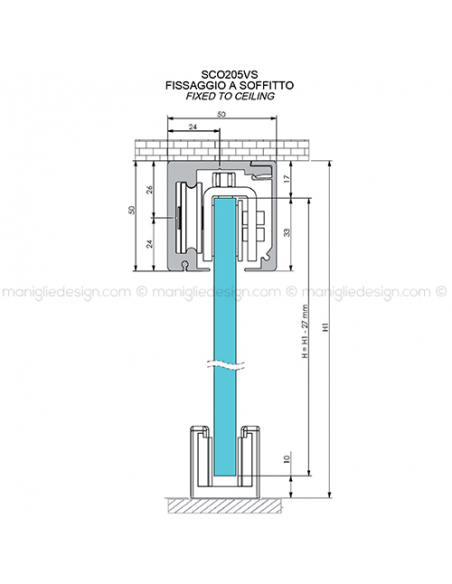 Scorrevole per vetro con veletta minimale fissaggio a parete e soffitto SCO205V1