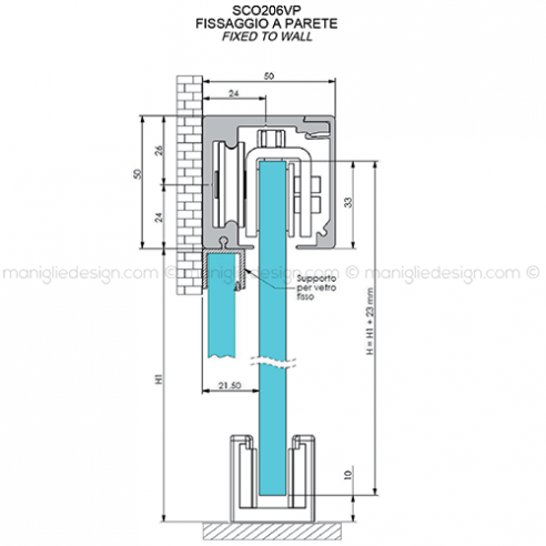 Scorrevole per vetro con veletta minimale fissaggio a parete e soffitto con vetro fisso SCO206V