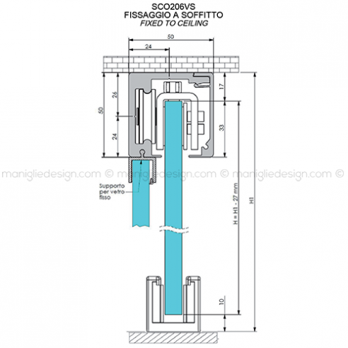 Scorrevole per vetro con veletta minimale fissaggio a parete e soffitto con vetro fisso SCO206V