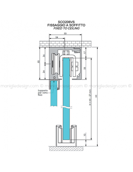 Scorrevole per vetro con veletta minimale fissaggio a parete e soffitto con vetro fisso SCO206V