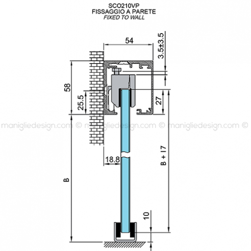 Scorrevole per vetro con veletta minimale e ammortizzatore fissaggio a parete e soffitto SCO210V1