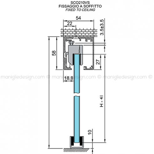 Scorrevole per vetro con veletta minimale e ammortizzatore fissaggio a parete e soffitto SCO210V1