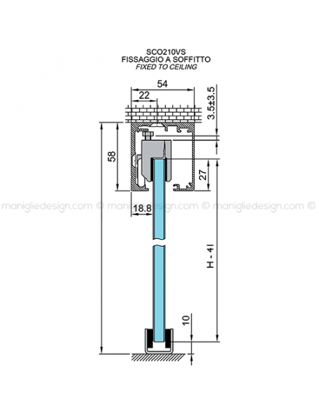 Scorrevole per vetro con veletta minimale e ammortizzatore fissaggio a parete e soffitto SCO210V1