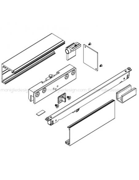 Scorrevole per vetro con veletta minimale e ammortizzatore fissaggio a parete e soffitto con vetro fisso SCO210V5