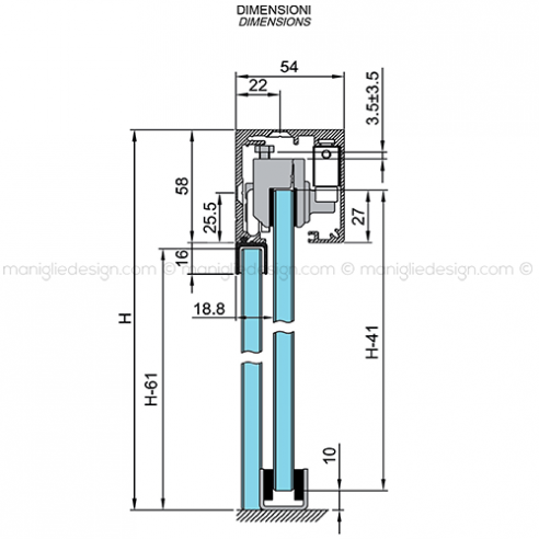 Scorrevole per vetro con veletta minimale e ammortizzatore fissaggio a parete e soffitto con vetro fisso SCO210V5
