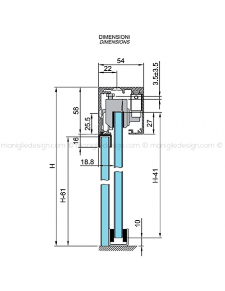 Scorrevole per vetro con veletta minimale e ammortizzatore fissaggio a parete e soffitto con vetro fisso SCO210V5