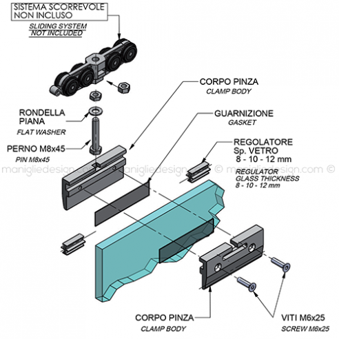 Pinza per vetro con guida a pavimento spessore 8-10-12 mm PIN004K1