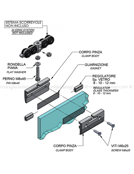 Pinza per vetro con guida a pavimento spessore 8-10-12 mm PIN004K1