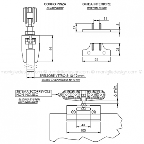 Pinza per vetro con guida a pavimento spessore 8-10-12 mm PIN004K1