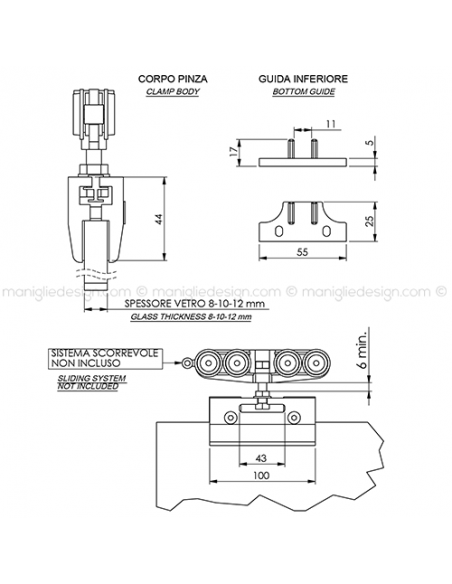 Pinza per vetro con guida a pavimento spessore 8-10-12 mm PIN004K1