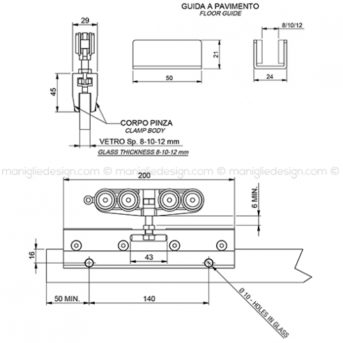 Pinza per vetro con guida a pavimento spessore 8-10-12 mm PIN003K1