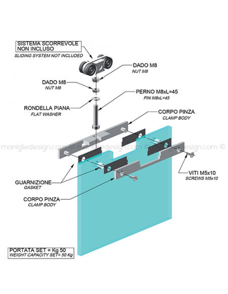 Pinza per vetro con guida a pavimento spessore 8 mm PIN002K1