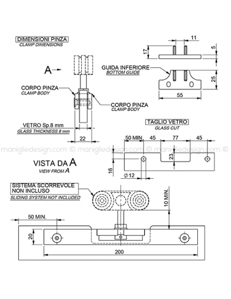 Pinza per vetro con guida a pavimento spessore 8 mm PIN002K1