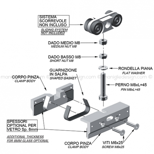 Pinza per vetro con guida a pavimento spessore 8 mm PIN001K1