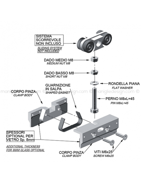 Pinza per vetro con guida a pavimento spessore 8 mm PIN001K1