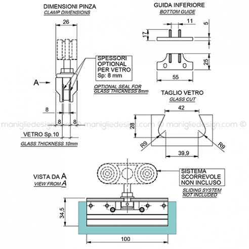 Pinza per vetro con guida a pavimento spessore 8 mm PIN001K1