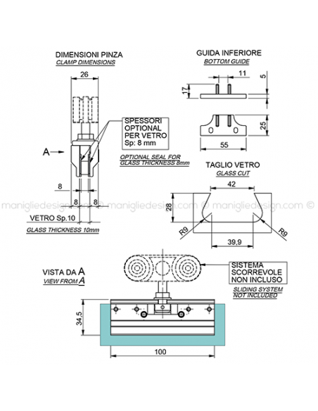 Pinza per vetro con guida a pavimento spessore 8 mm PIN001K1