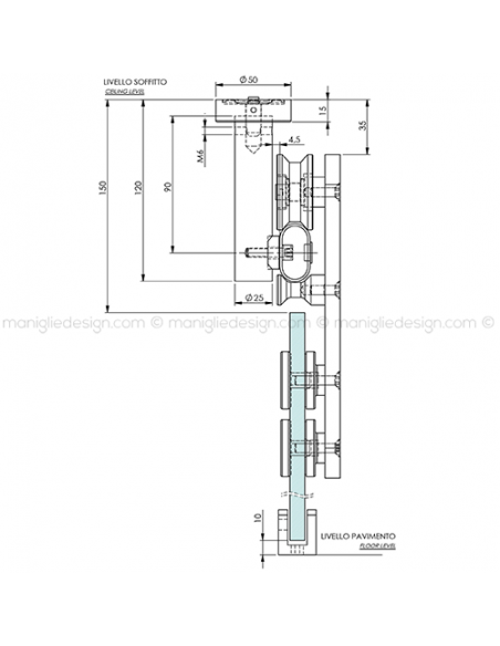 Kit per fissaggio a soffitto porta scorrevole in vetro ACV005