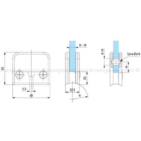 Morsetto rettangolare con base raggiata per vetro spessore 8-10 mm MRS010