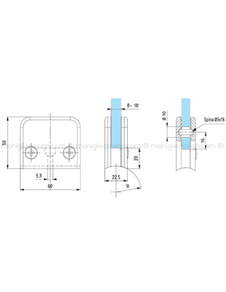 Morsetto rettangolare con base raggiata per vetro spessore 8-10 mm MRS010
