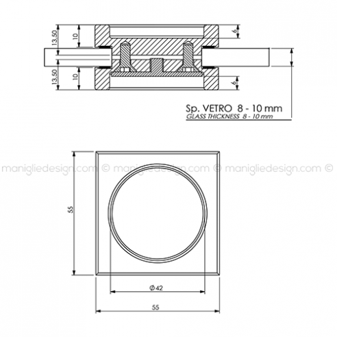 Nicchia quadrata 55x55 mm per porta in vetro NVT606