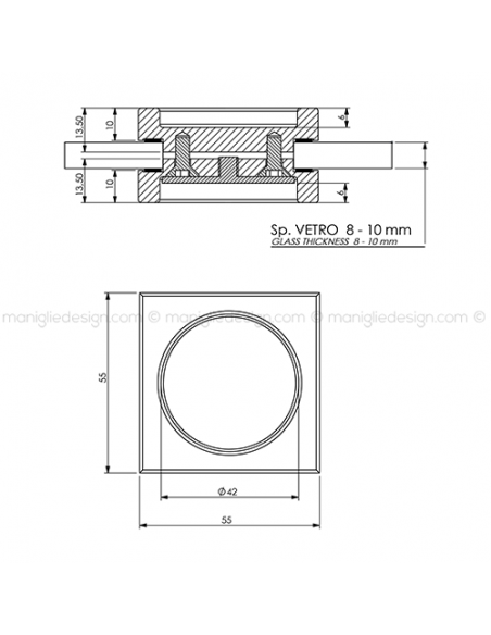 Nicchia quadrata 55x55 mm per porta in vetro NVT606