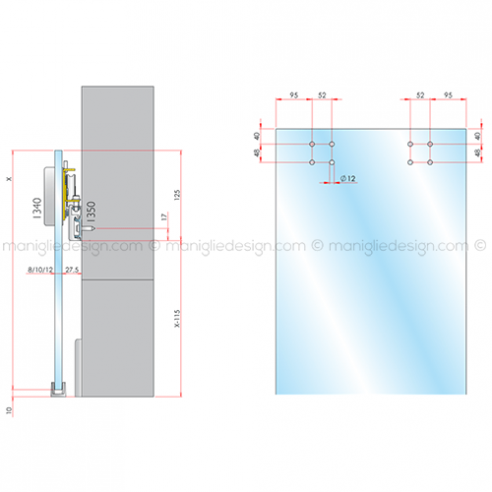 Sistema per porta scorrevole in vetro Diva con binario 3 metri