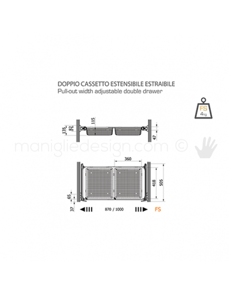 Doppio cassetto estensibile estraiblle Servetto Twin per armadio disegno