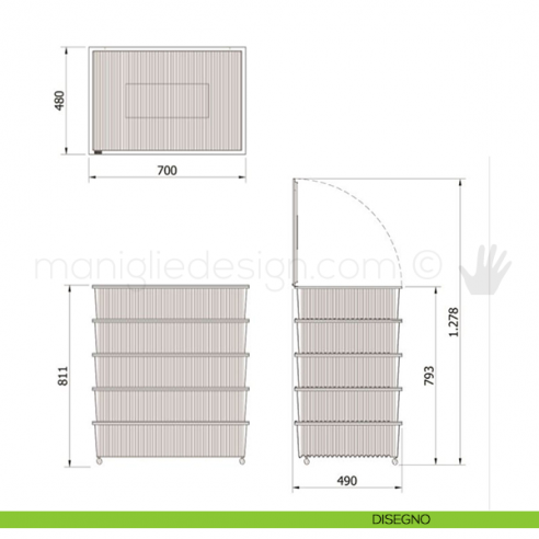 Set 5 Cassetti sovrapposti con coperchio e ruote Servetto Roomy disegno