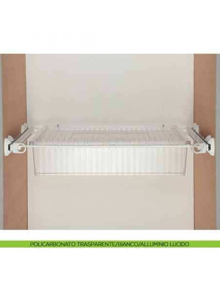 Cassetto con coperchio e telaio con 2 tubi Servetto Roomy per armadio policarbonato trasparente/bianco/alluminio lucido